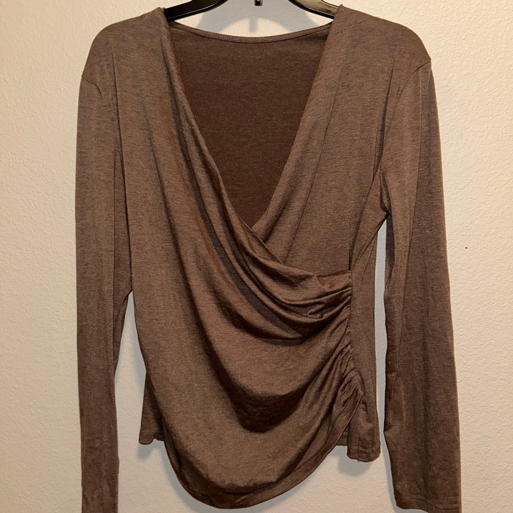 Elegant Brown Drape Front Long Sleeve Top